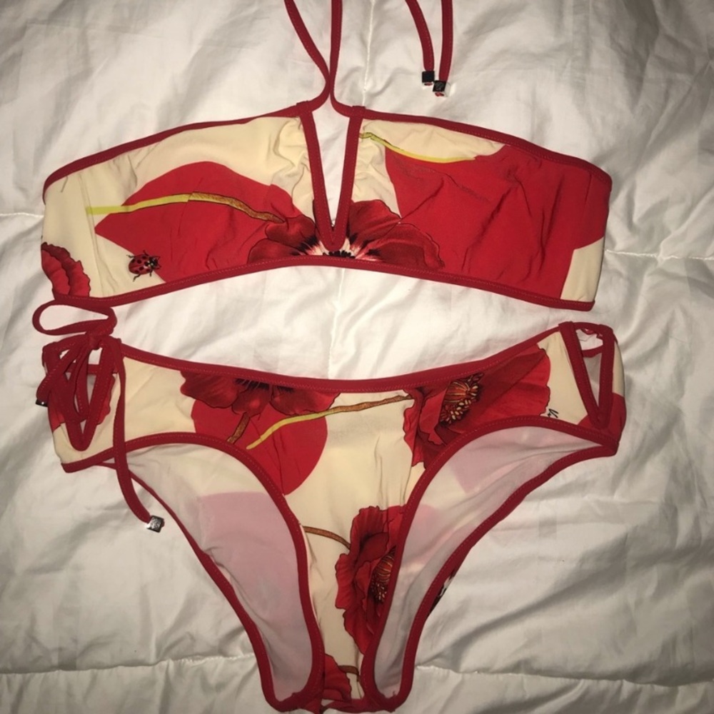 Versace Vintage Red & White Floral Ladybug Bikini Swimsuit
